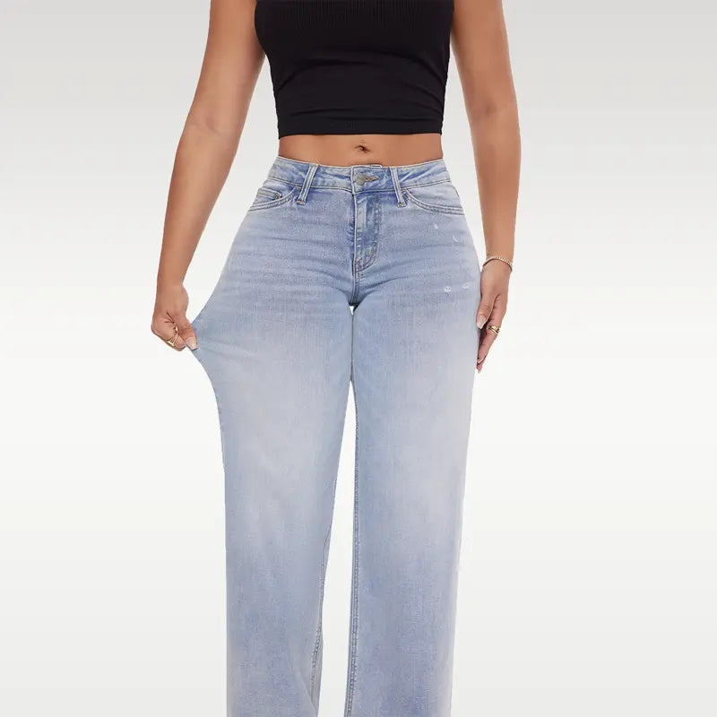 ONESO Mid‑Low Rise Baggy Jeans Stretchy Wide Leg for Women Distressed Denim Pants