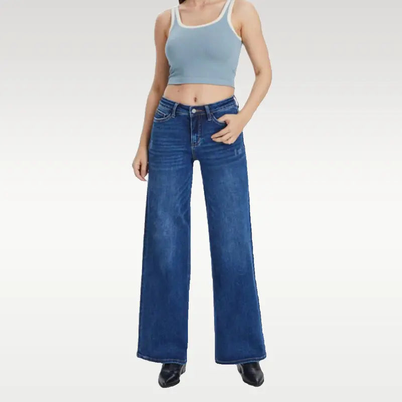 ONESO Mid‑Low Rise Baggy Jeans Stretchy Wide Leg for Women Distressed Denim Pants